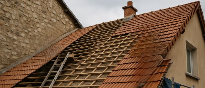 Travaux de couverture avec pose de tuiles sur toiture en rénovation